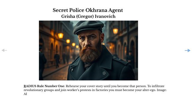 Slide 12: Secret Police Okhrana Agent — Grisha (Gregor) Ivanovich