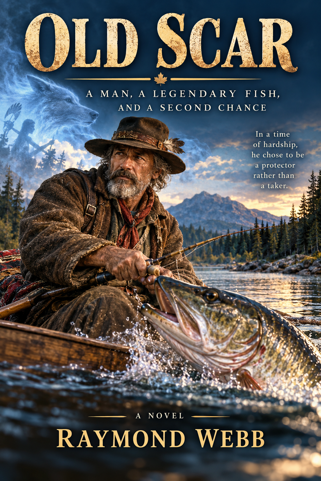 Cover of Old Scar by Raymond Webb: an angler in a wooden boat on a wilderness lake as a pike lunges from the water
